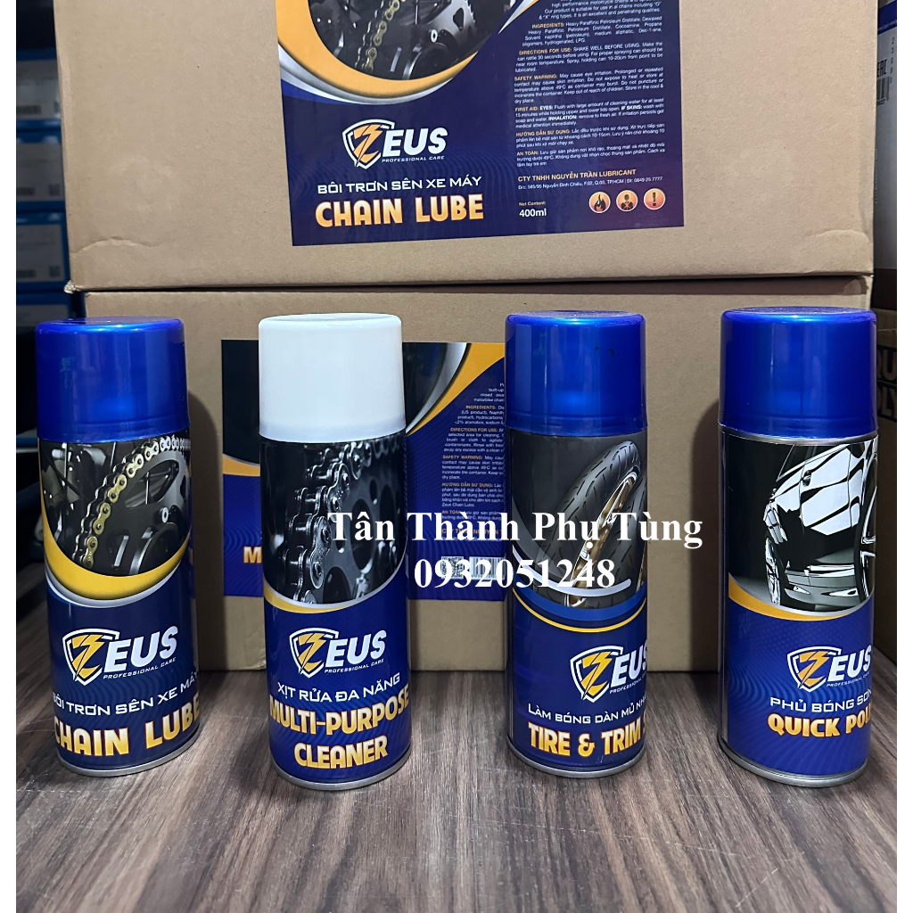 Zeus Bôi trơn, dưỡng sên, rửa sên, bóng nhựa nhám, bóng dàn áo 400ml