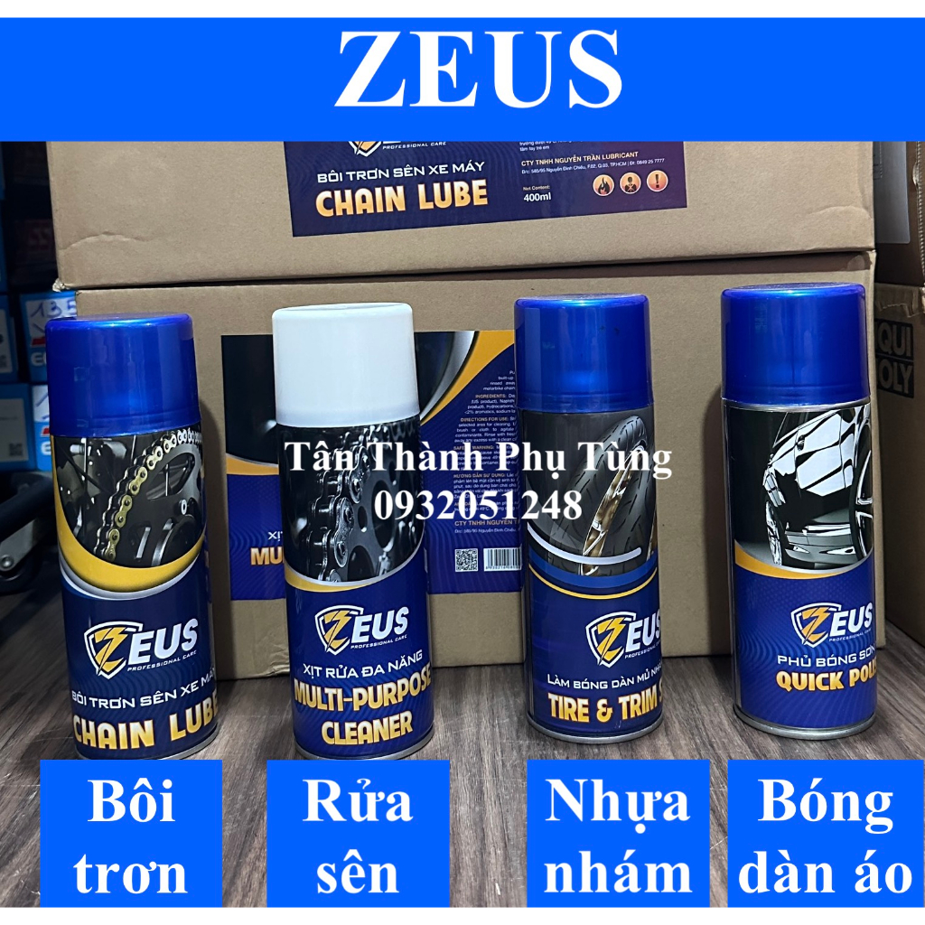 Zeus Bôi trơn, dưỡng sên, rửa sên, bóng nhựa nhám, bóng dàn áo 400ml ( Giá 1 chai)