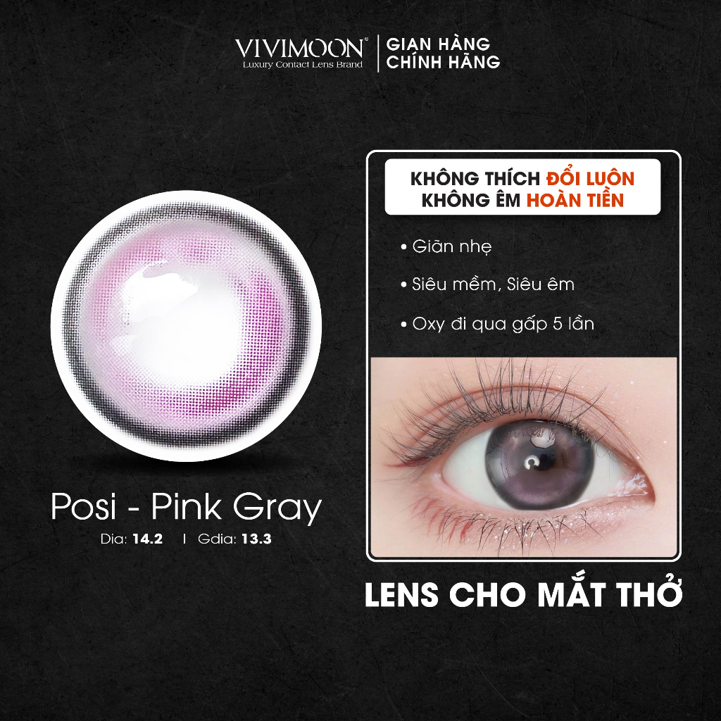 Kính áp tròng VIVIMOON cận màu xám hồng cho mắt thở Posi Pink Gray