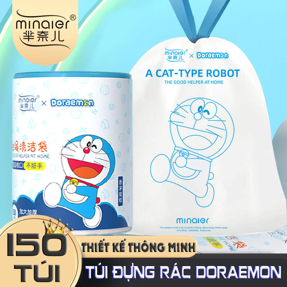 Cuộn 150 Túi đựng rác dây rút Minaier LD Doraemon siêu dai, chống rỉ nước, không sợ bẩn tay | Kích thước 45*50 cm