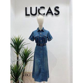 Váy jeans xanh đậm cổ đức tay cộc 2 túi nắp ngực dáng dài 267