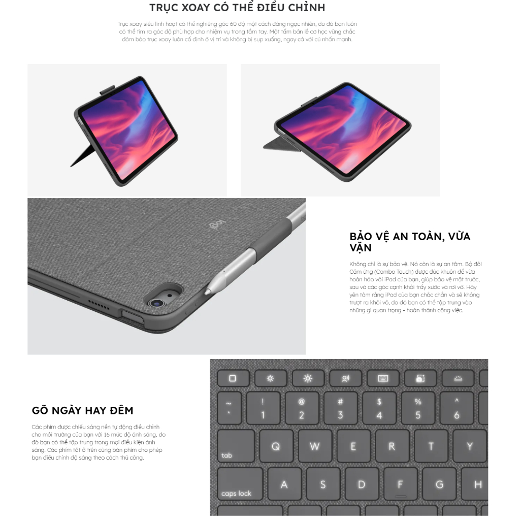 Bao da bàn phím Logitech Combo Touch for iPad Gen 7, 8 & 9 - Bảo hành 12 tháng
