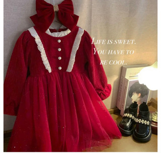 Váy nhung thu đông phối voan xòe bồng bềnh công chúa màu đỏ/đen vintage cho bé gái