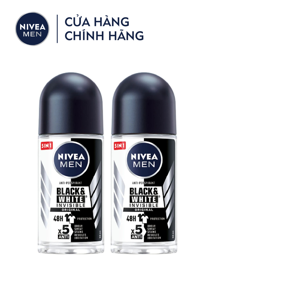 Bộ 2 Lăn Ngăn Mùi NIVEA MEN Black & White 5in1 Ngăn Vệt Ố Vàng Hương Nhẹ Nhàng (50 ml)