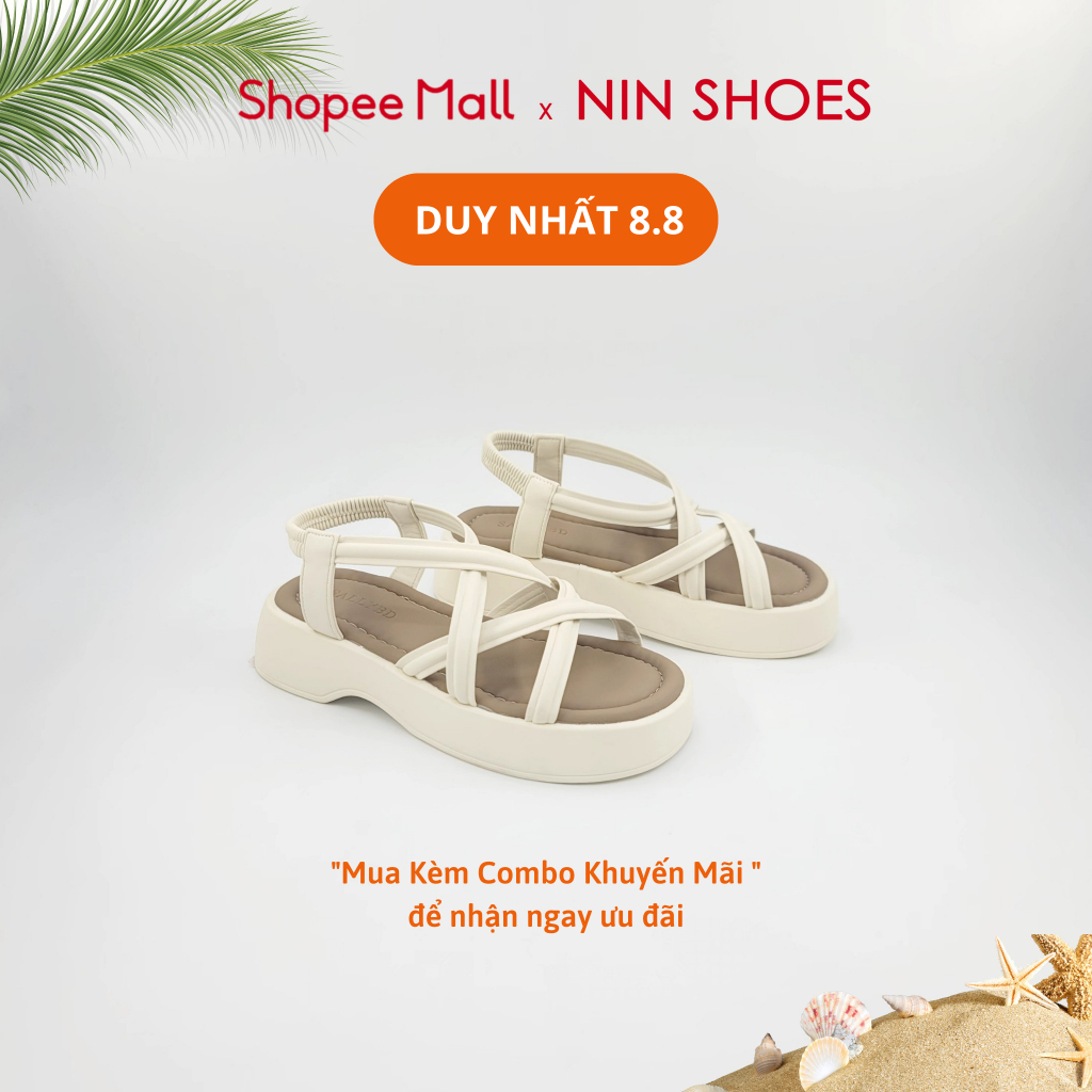 Dép đế bằng 4 cm Ninshoes mũi tròn dây dẹt đan quai chun sau tiện lợi