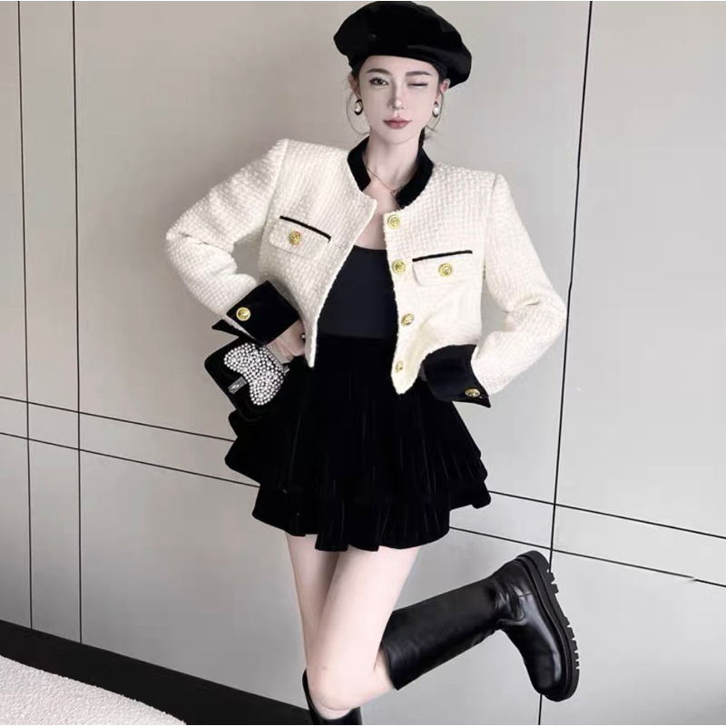 Set Dạ Tweed Áo Khoác Dáng Lửng Kèm Chân Váy Nhung Xoè Phong Cách Sang Chảnh Kèm Ảnh Thật_Hàng Order QCCC