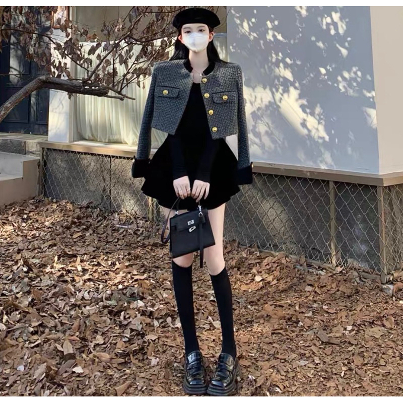 Set Dạ Tweed Áo Khoác Dáng Lửng Kèm Chân Váy Nhung Xoè Phong Cách Sang Chảnh Kèm Ảnh Thật_Hàng Order QCCC