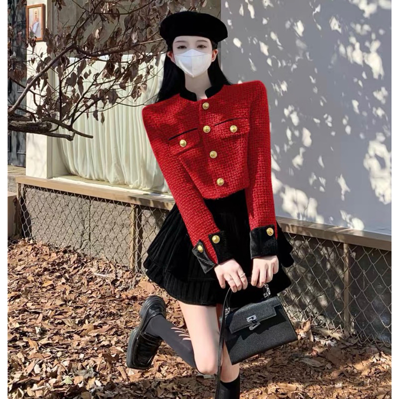 Set Dạ Tweed Áo Khoác Dáng Lửng Kèm Chân Váy Nhung Xoè Phong Cách Sang Chảnh Kèm Ảnh Thật_Hàng Order QCCC