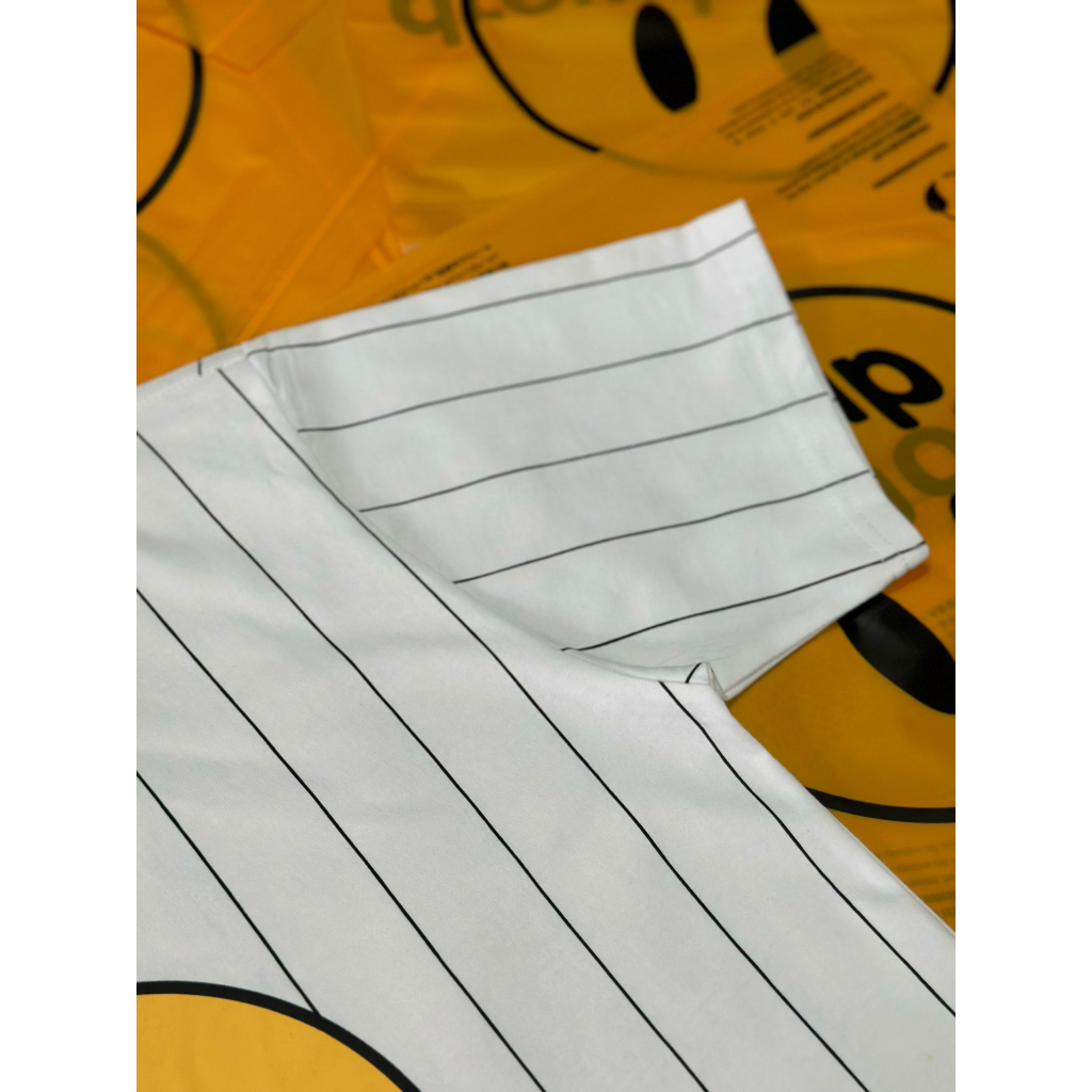 Áo thun phối sọc in hình mặt cười nam nữ mới nhất Áo phông phối sọc in hình nam nữ cao cấp