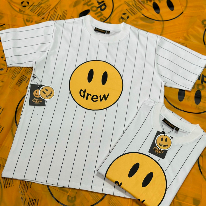 Áo thun phối sọc in hình mặt cười nam nữ mới nhất Áo phông phối sọc in hình nam nữ cao cấp