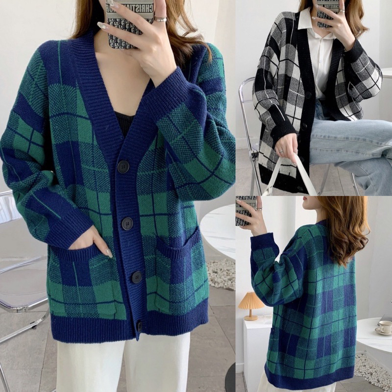 Áo khoác len cardigan hoạ tiết kẻ ô khuy cài túi hai bên dáng rộng A208
