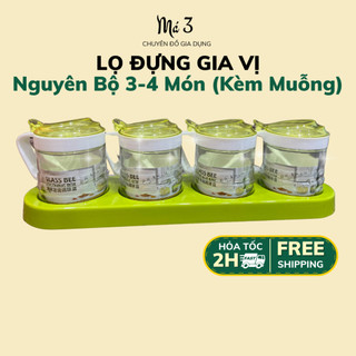 Bộ đựng gia vị thủy tinh nắp nhựa kèm muỗng - Set hủ gia vị nắp nhựa có thìa