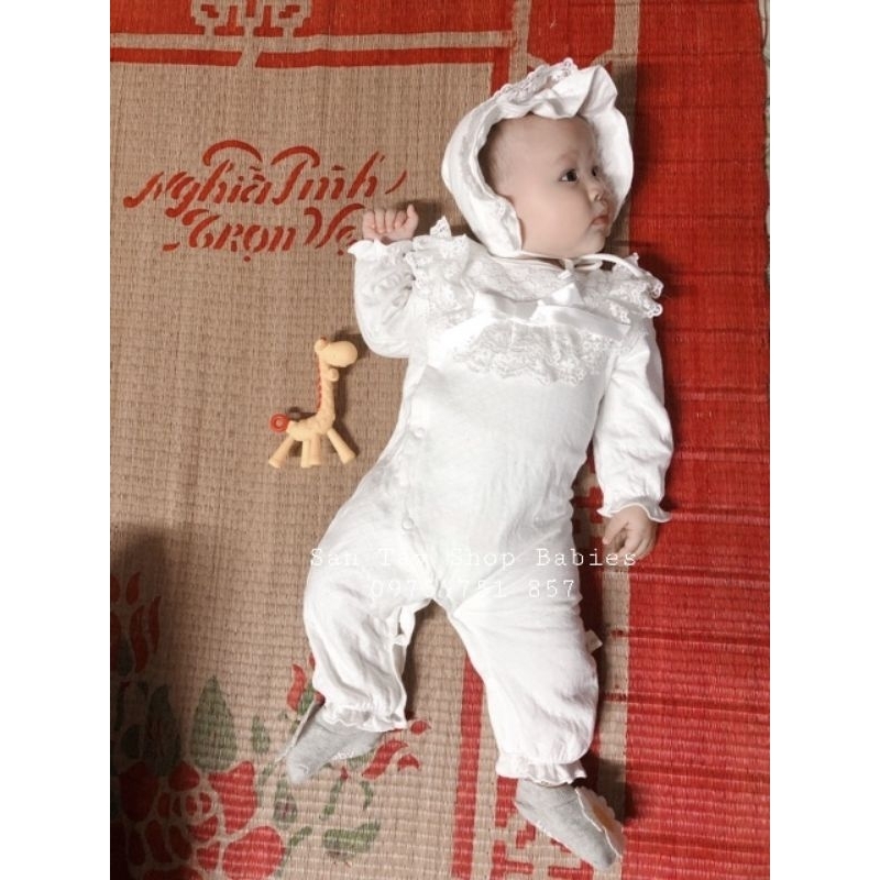 Body ren nơ khuy chéo dài tay dài chân kèm mũ cho bé