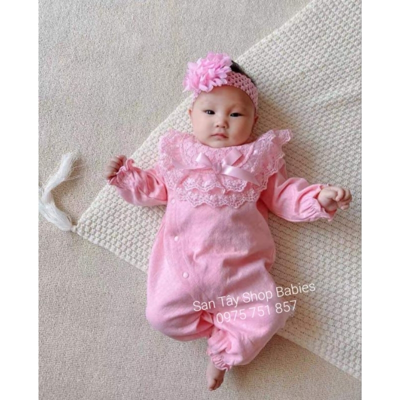Body ren nơ khuy chéo dài tay dài chân kèm mũ cho bé