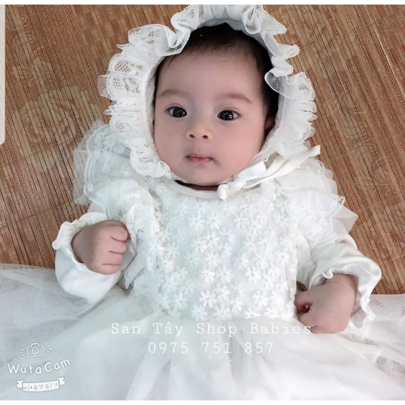Váy ren kèm mũ trắng điệu đà cho bé