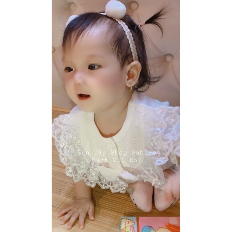 Bộ bé gái - Body dài tay dài chân kèm mũ ren ngực nơ xinh cho bé