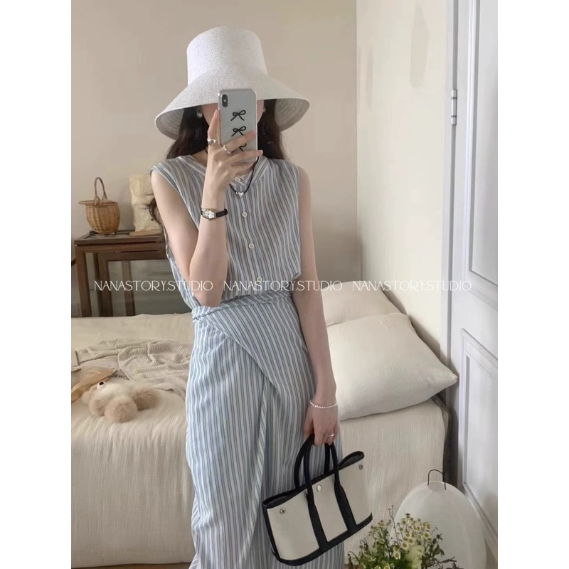 Đầm Sơ Mi Kẻ Xanh Nơ Eo Nana Story Thanh Lịch