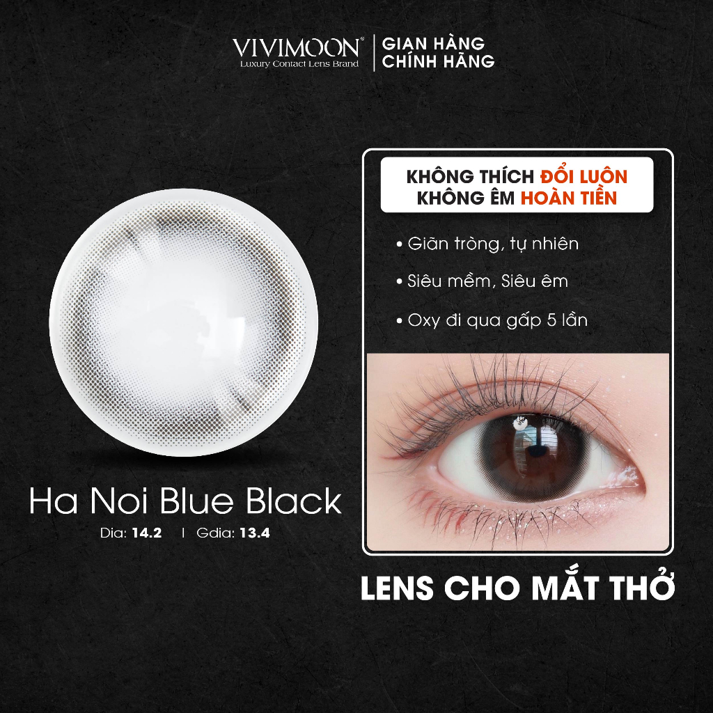 Kính áp tròng VIVIMOON LENS cận đen tự nhiên cho mắt thở Hà Nội Blue Black