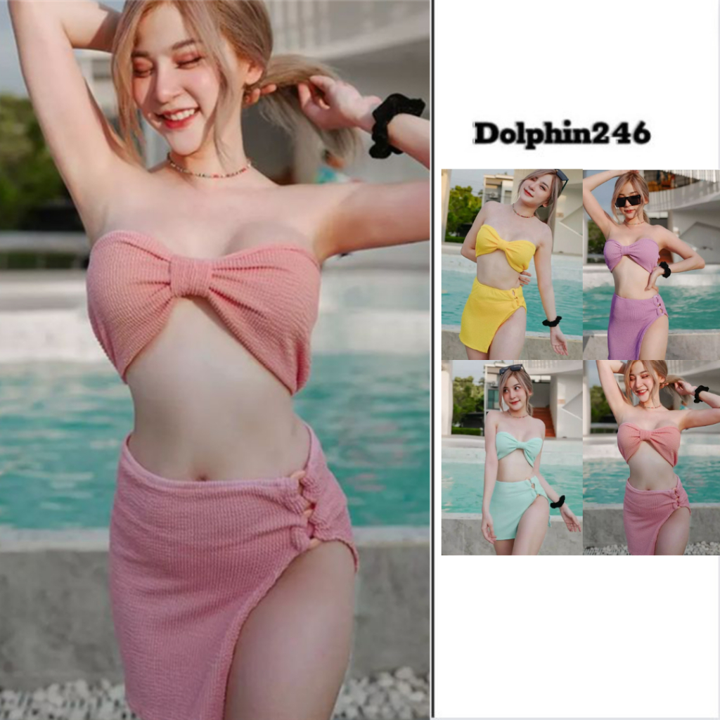 Bikini set 3 chi tiết đi biển cho nữ đồ bơi 2 mảnh áo nơ cúp ngực sexy quần tam giác kèm quây xẻ tà tôn dáng 23105 F-13
