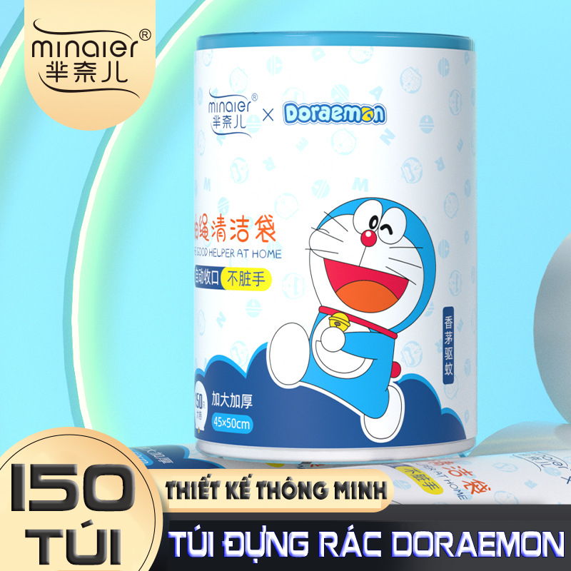 Túi đựng rác dây rút Doraemon chống rò rỉ nước, không sợ bẩn tay | Cuộn 150 túi siêu dai, kích thước 45*50cm