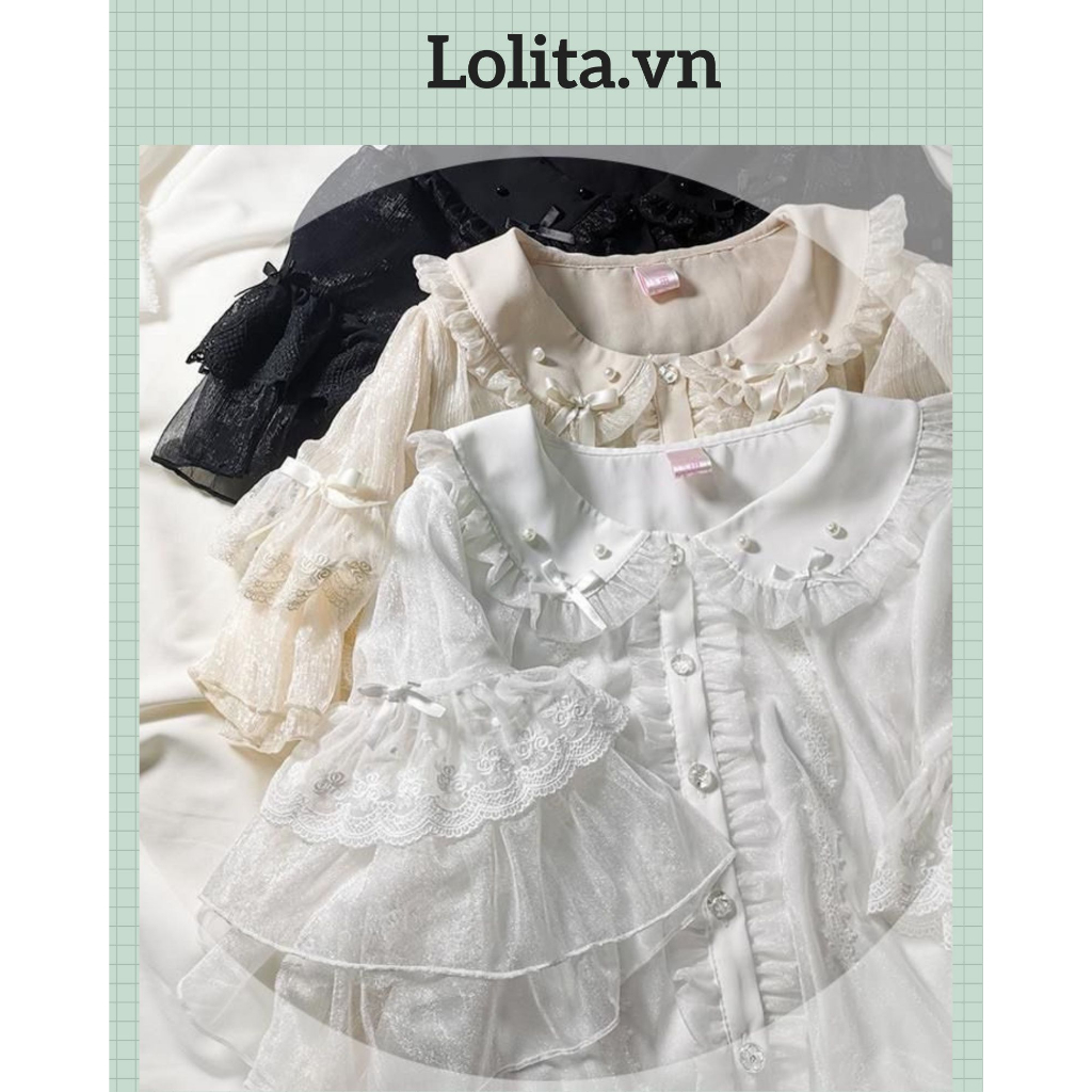 Áo sơ mi ngắn tay ren bèo phối váy lolita, blouse lolita