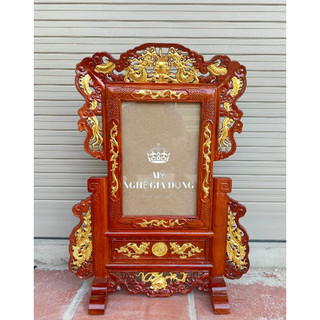 Khung ảnh thờ tứ linh khung hình đơn song long dát vàng trang trí không gian thờ gỗ hương