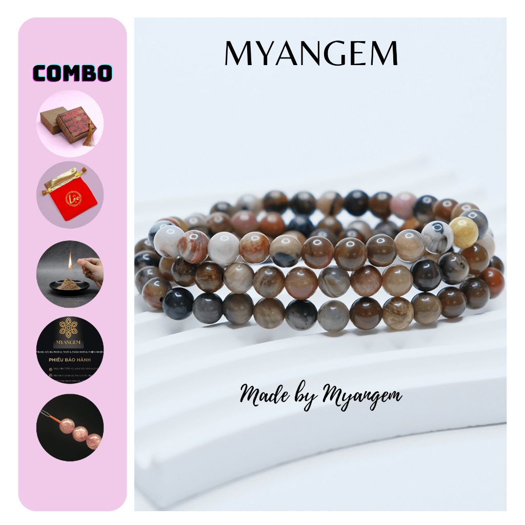 Vòng tay gỗ hoá thạch cuốn 3 vòng, chất thiên nhiên MYANGEM
