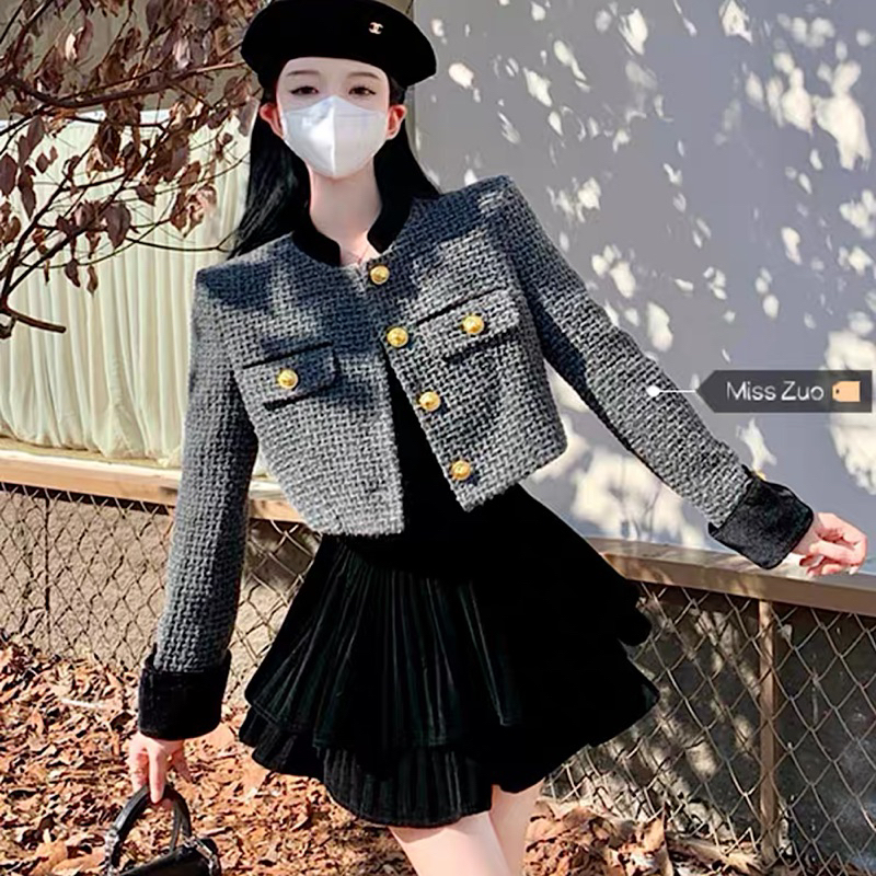 Set Dạ Tweed Áo Khoác Dáng Lửng Kèm Chân Váy Nhung Xoè Phong Cách Sang Chảnh Kèm Ảnh Thật_Hàng Order QCCC