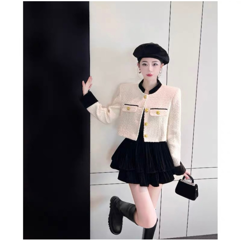 Set Dạ Tweed Áo Khoác Dáng Lửng Kèm Chân Váy Nhung Xoè Phong Cách Sang Chảnh Kèm Ảnh Thật_Hàng Order QCCC