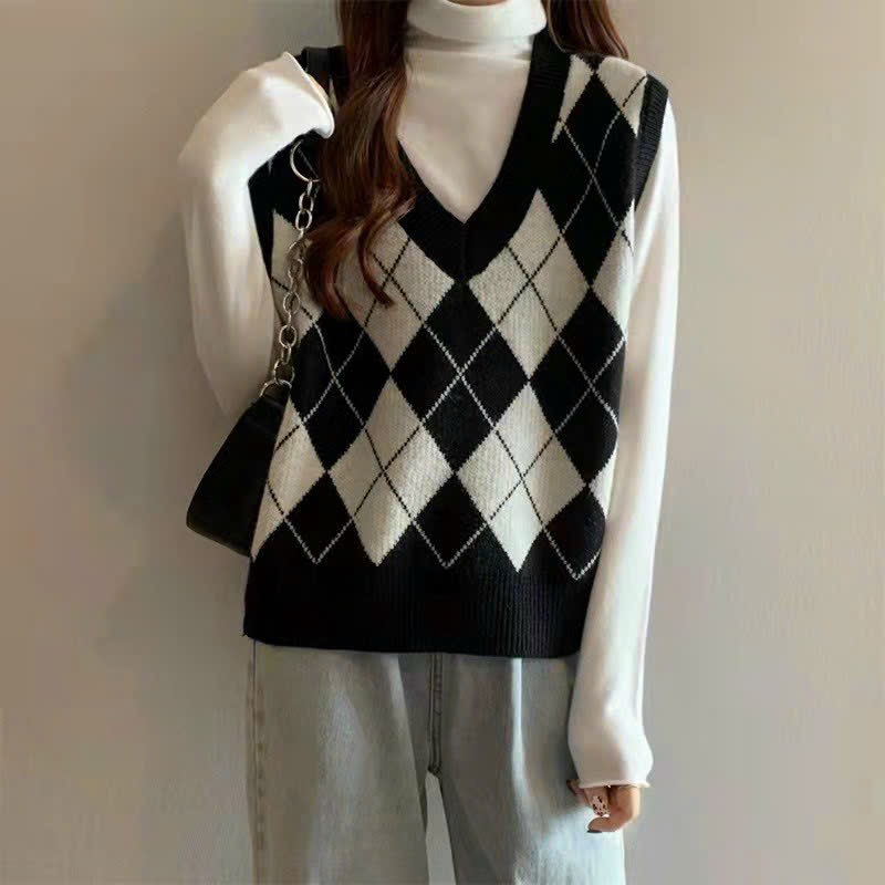 Áo gile len hoạ tiết ô trám