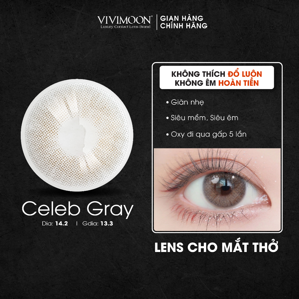 Kính áp tròng cận VIVIMOON cận xám tây cho mắt thở Celeb Gray