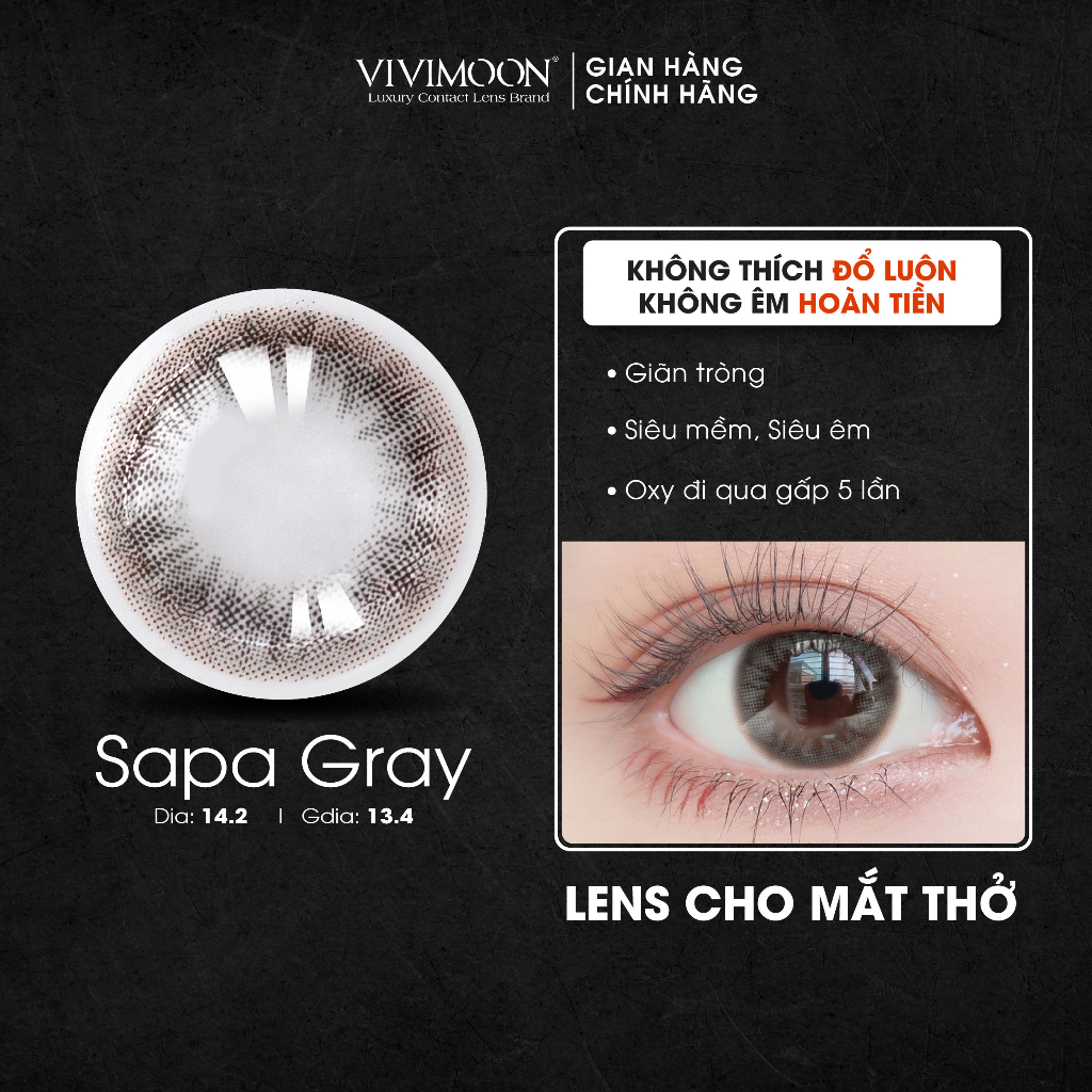 Lens cận xám đậm giãn nhẹ cho mắt thở Sapa Gray Vivimoon