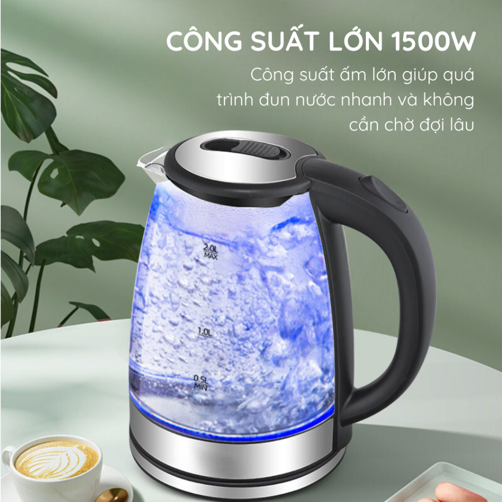 Ấm đun nước siêu tốc thủy tinh KAW - dung tích 2L, công suất 1500W đun nhanh không phải chờ lâu - Hàng chính hãng