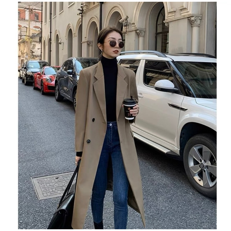 Áo Khoác Blazer Dáng Dài Qua Gối, Áo Khoác Blazer Dáng Dài Phong Cách Hàn Quốc Hai Màu Kèm Ảnh Thật_Hàng Order QCCC