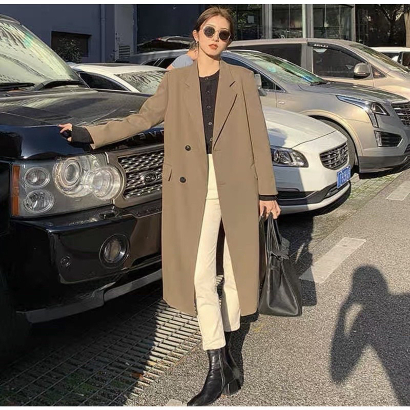 Áo Khoác Blazer Dáng Dài Qua Gối, Áo Khoác Blazer Dáng Dài Phong Cách Hàn Quốc Hai Màu Kèm Ảnh Thật_Hàng Order QCCC