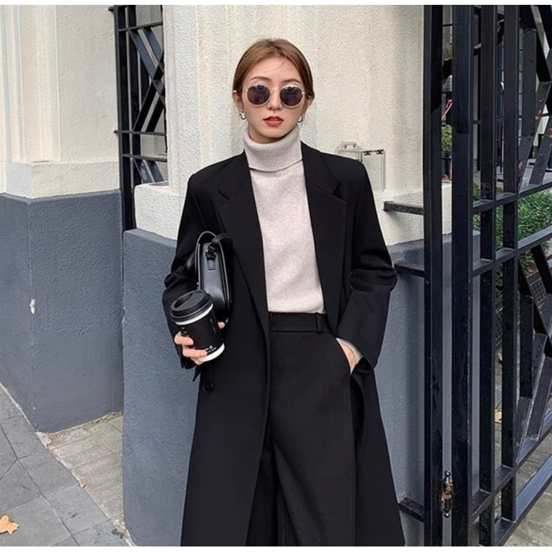 Áo Khoác Blazer Dáng Dài Qua Gối, Áo Khoác Blazer Dáng Dài Phong Cách Hàn Quốc Hai Màu Kèm Ảnh Thật_Hàng Order QCCC