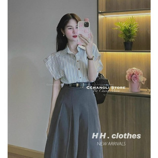 Sét bộ áo sơ mi chất cottong+chân váy dài tuyết mưa xếp li kèm đai