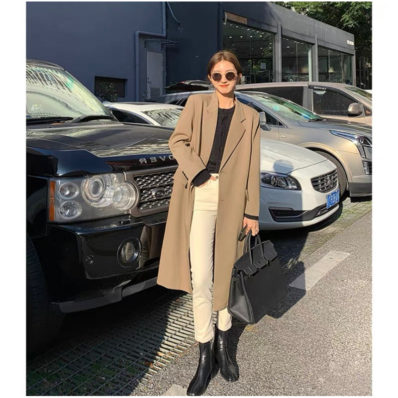 Áo Khoác Blazer Dáng Dài Qua Gối, Áo Khoác Blazer Dáng Dài Phong Cách Hàn Quốc Hai Màu Kèm Ảnh Thật_Hàng Order QCCC