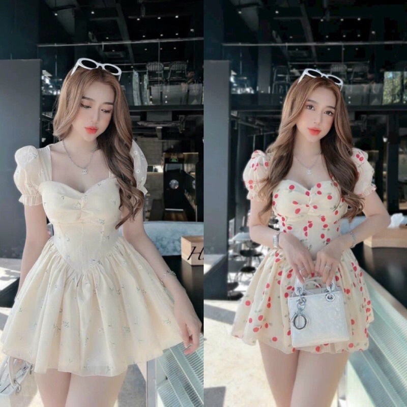 Váy hoa cúp ngực hở lưng tay bồng siêu đẹp (ảnh thật)