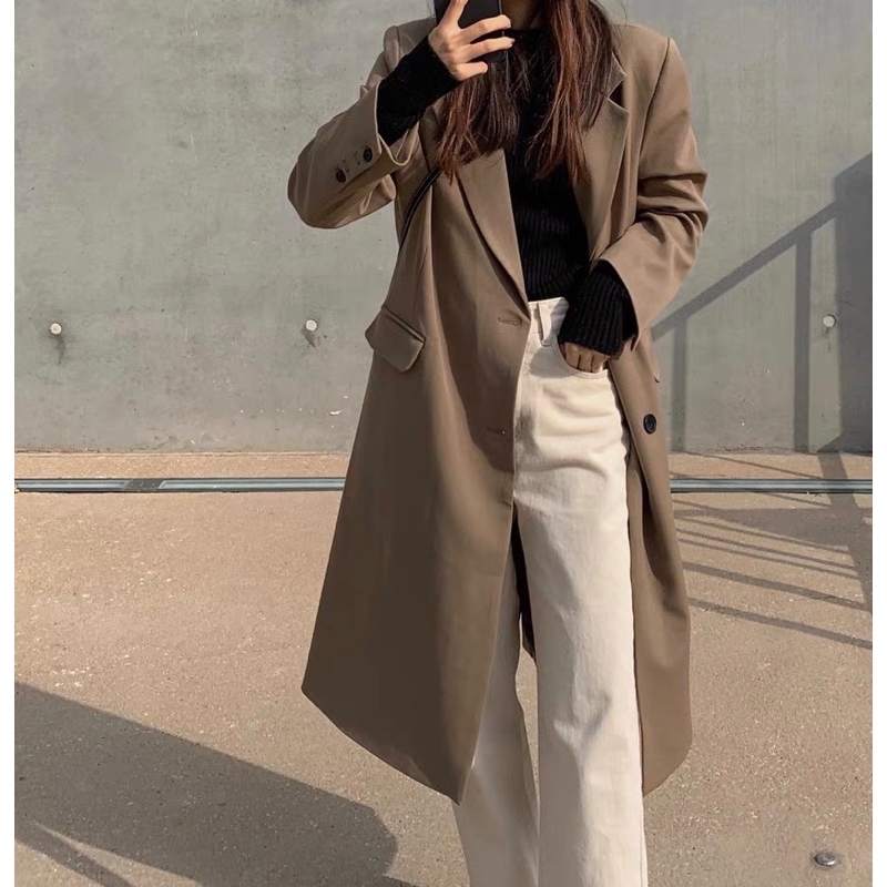 Áo Khoác Blazer Dáng Dài Qua Gối, Áo Khoác Blazer Dáng Dài Phong Cách Hàn Quốc Hai Màu Kèm Ảnh Thật_Hàng Order QCCC