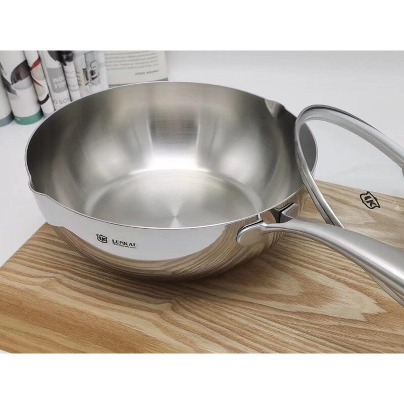 Chảo inox sâu lòng Lunkai có vung kính 12, 16, 20, 24, 26cm