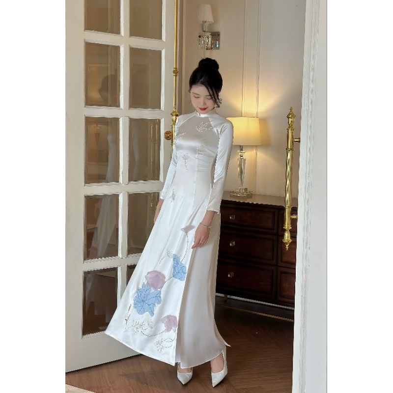 Áo dài sen vải lụa hoa hồng tôn dáng