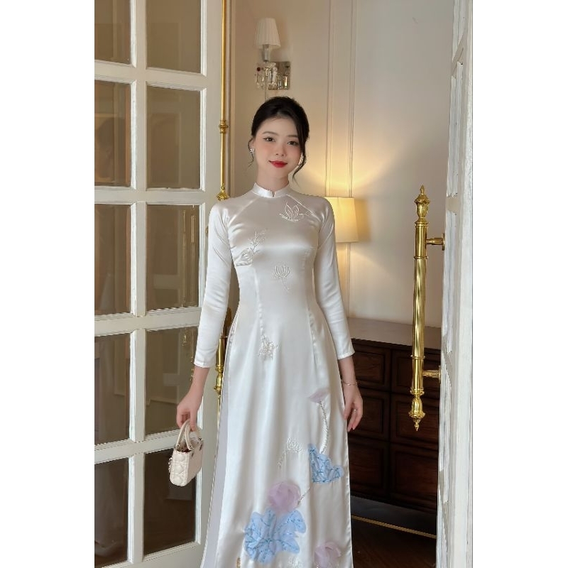 Áo dài sen vải lụa hoa hồng tôn dáng