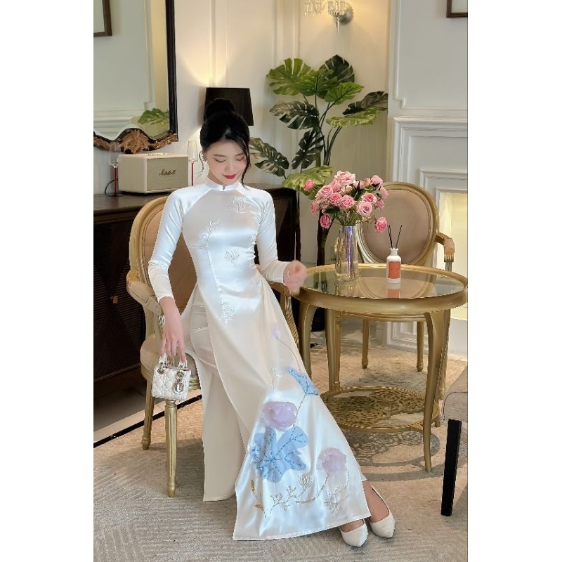 Áo dài sen vải lụa hoa hồng tôn dáng