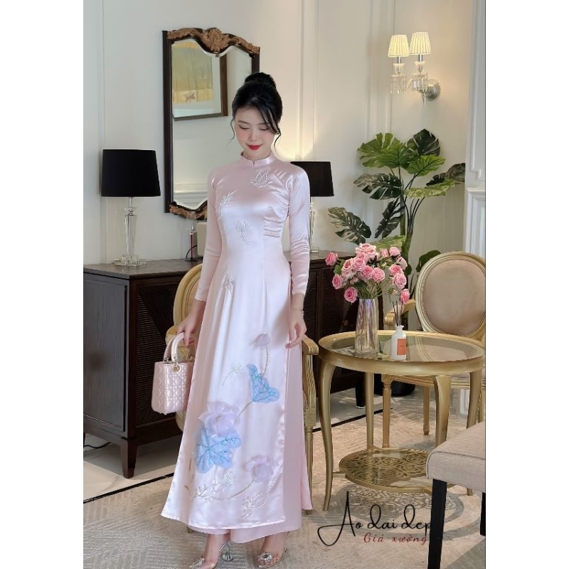 Áo dài sen vải lụa hoa hồng tôn dáng