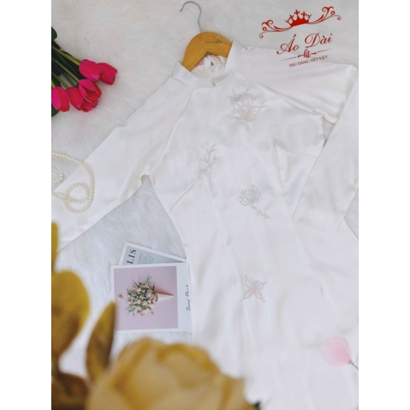 Áo dài sen vải lụa hoa hồng tôn dáng