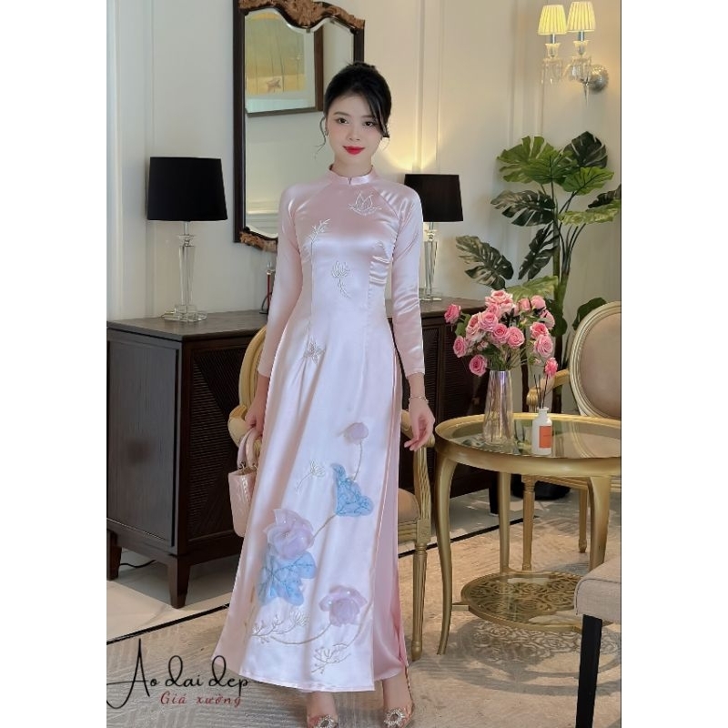 Áo dài sen vải lụa hoa hồng tôn dáng