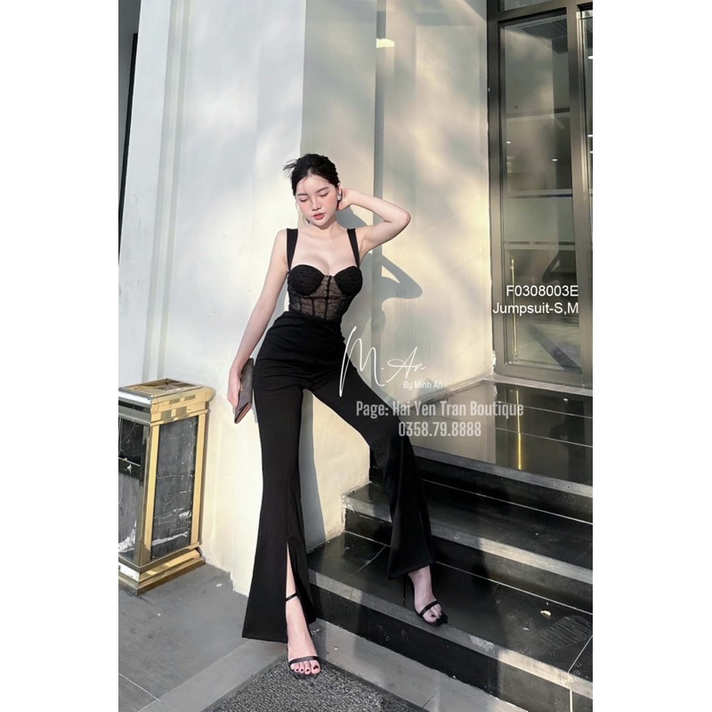 Jumpsuit đen dài ống loe xẻ lai cúp ngực 2 dây! 380k