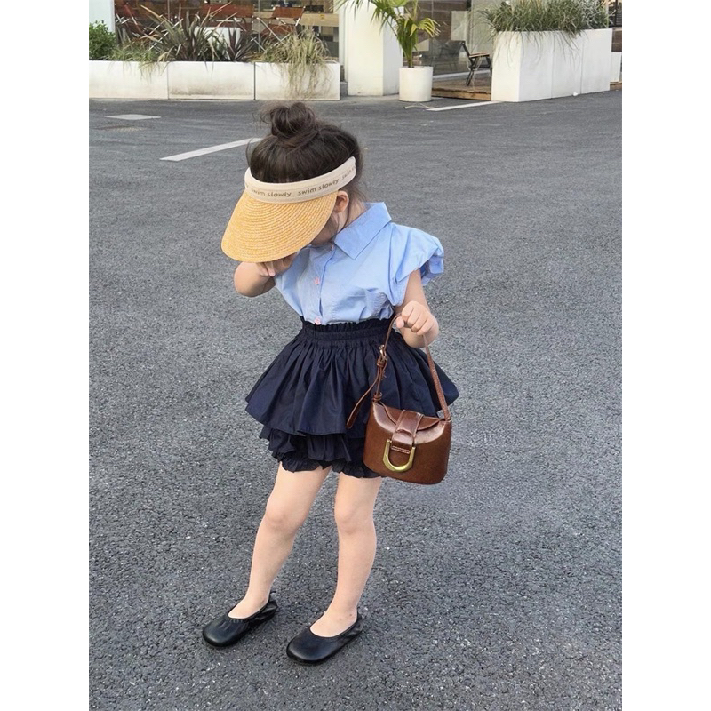 Set áo xanh chân váy đen tầng cho bé gái 10-30kg