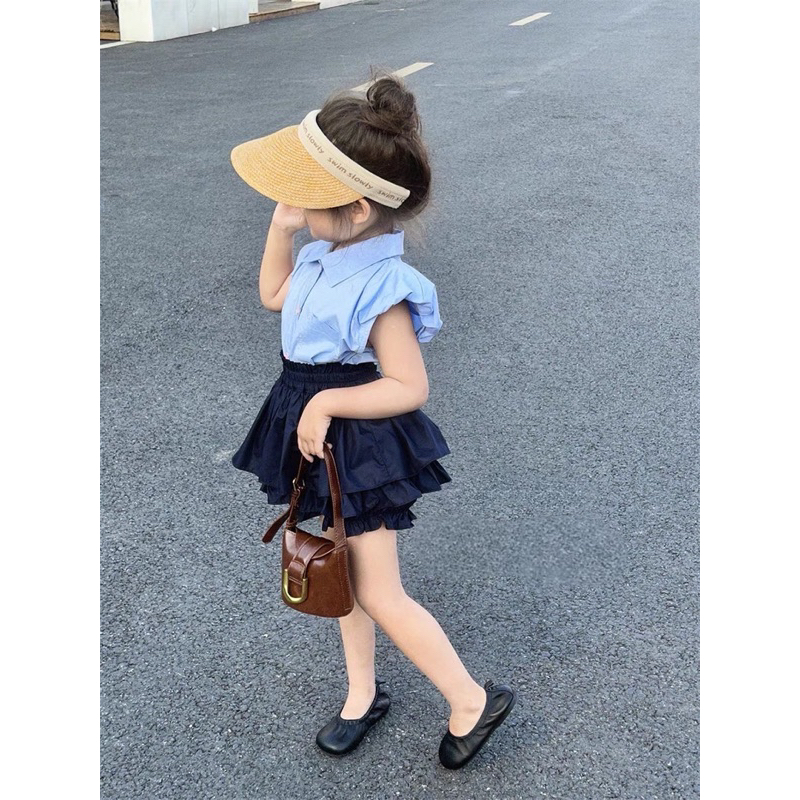 Set áo xanh chân váy đen tầng cho bé gái 10-30kg